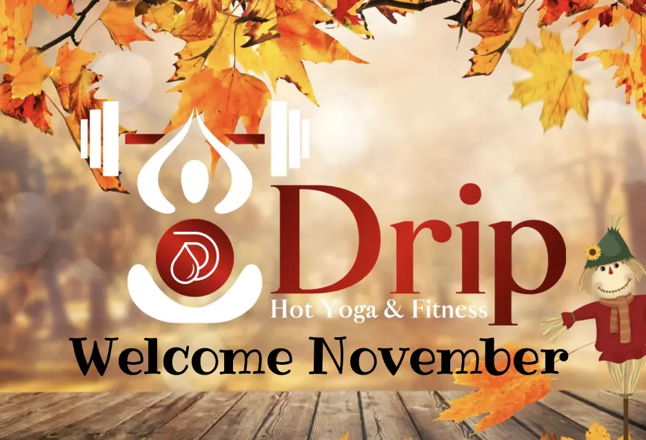 A picture of an autumn background with the words " 1 0 drip " and " welcome november ".